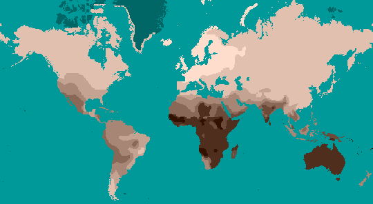 This map shows human skin color variation across the globe. Image by Dark Tichondrias; derivative work by Tuvalkin. 