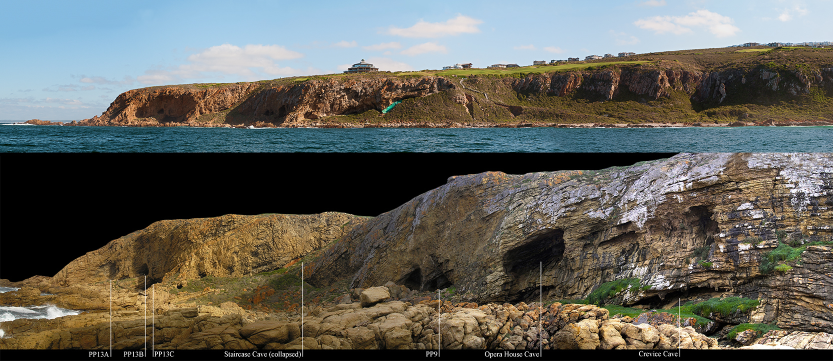 Above-coastline of Mossel Bay; below-close up detail of the cave locations