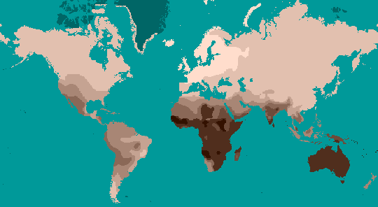 Este mapa muestra la variación en el color de la piel en diversas poblaciones humanas de todo el mundo. Imagen de Dark Tichondrias; trabajo derivado de Tuvalkin.