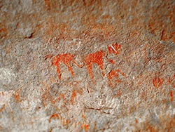 Arte rupestre con imágenes de elefantes pintados con ocre rojo en la cueva de Wonderwerk, Sudáfrica. Se cree que pudo haber sido pintado para la buena suerte durante la caza. Imagen de Ben Schoville.