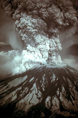 In the Earth’s history there have been many volcanic eruptions and these tephra have been buried recording that moment in time within the rock record. Image by Austin Post, scanned photograph by USGS, cleaned by and adjusted by carol.