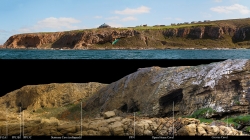 Above-coastline of Mossel Bay; below-close up detail of the cave locations