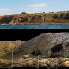 Above-coastline of Mossel Bay; below-close up detail of the cave locations