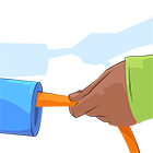 A hand pulls a orange rope through a tube. Shadows in the background look like another person is doing the same thing from far away
